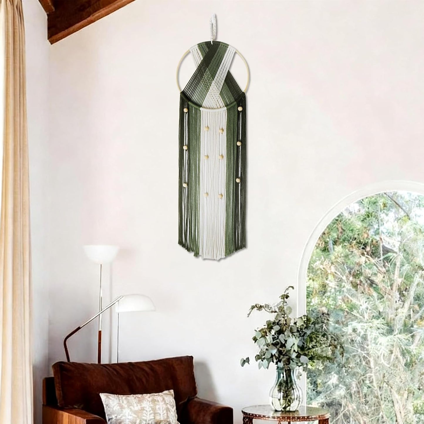 LB Boho Macrame Wall Hanging - Green and Beige Handmade Cotton Woven Decor, Modern Geometric Bohemian Tapestry Wall Decor for Bedroom Living Room Home (31.5"x9.84") Nature-Inspired Room Decor