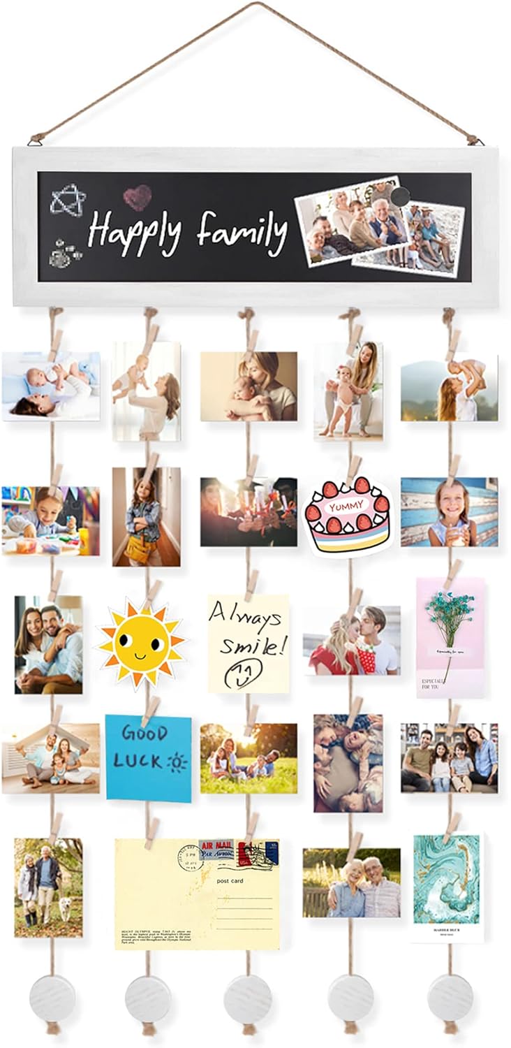 Bikoney Picture Frames Collage Wall Decor Photo Hanging Display Picture Board Wood Rustic Frames for Home Dorm Room Decor with Blackboard and 30 Clips White