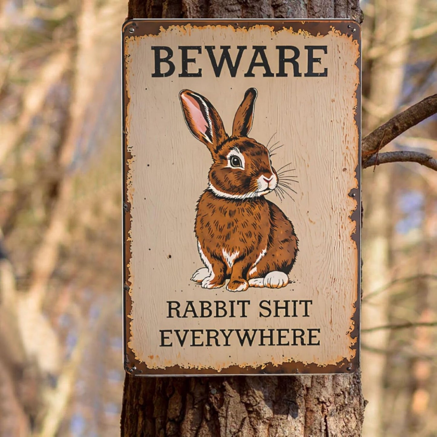 Funny Metal Tin Sign Rabbit Beware Rabbit Shit Everywhere Shop Farm Cafe Garage Home Decor Outdoor Indoor Wall Panel Retro Vintage Poster 8x12 Inch