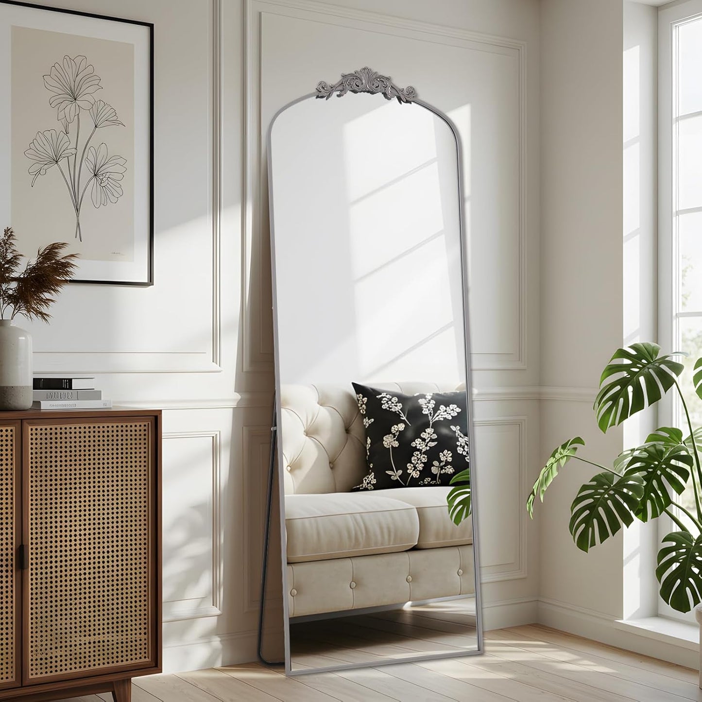 Filigree Floor Mirror 64"x21" Full Length Freestanding with Vintage Ornate Carved Applique Full Body Mirror Hanging Wall Mounted for Living Room Bedroom Retor Home Decor Mirror, Silver