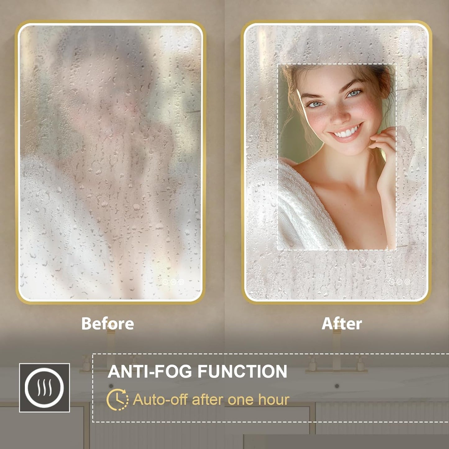 LED Mirror for Bathroom 36X36 Inch Gold Framed with Anti-Fog, Stepless Dimmable, Front Lit, LED Bathroom Vanity Mirror for Wall, Memory Function, Shatter-Proof