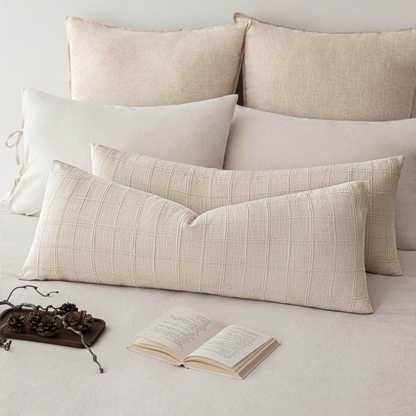 Foindtower Set of 2 Decorative Linen Check Throw Pillow Covers Neutral Farmhouse Lumbar Cushion Covers Modern Boho Home Decor for Sofa Chair Couch Bedroom Living Room,12×24 Inch,Natural Beige