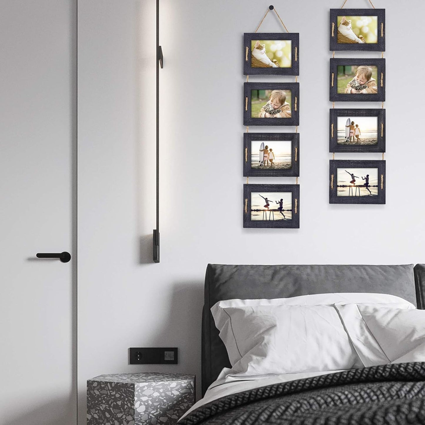 DLQuarts 5x7 Hanging Collage Picture Frames Wall Decor, 4-Opening 5x7 Matted to 3.5x5 Photo Rustic Wood Frame with Hemp Rope, 2 Pack, Weathered Black