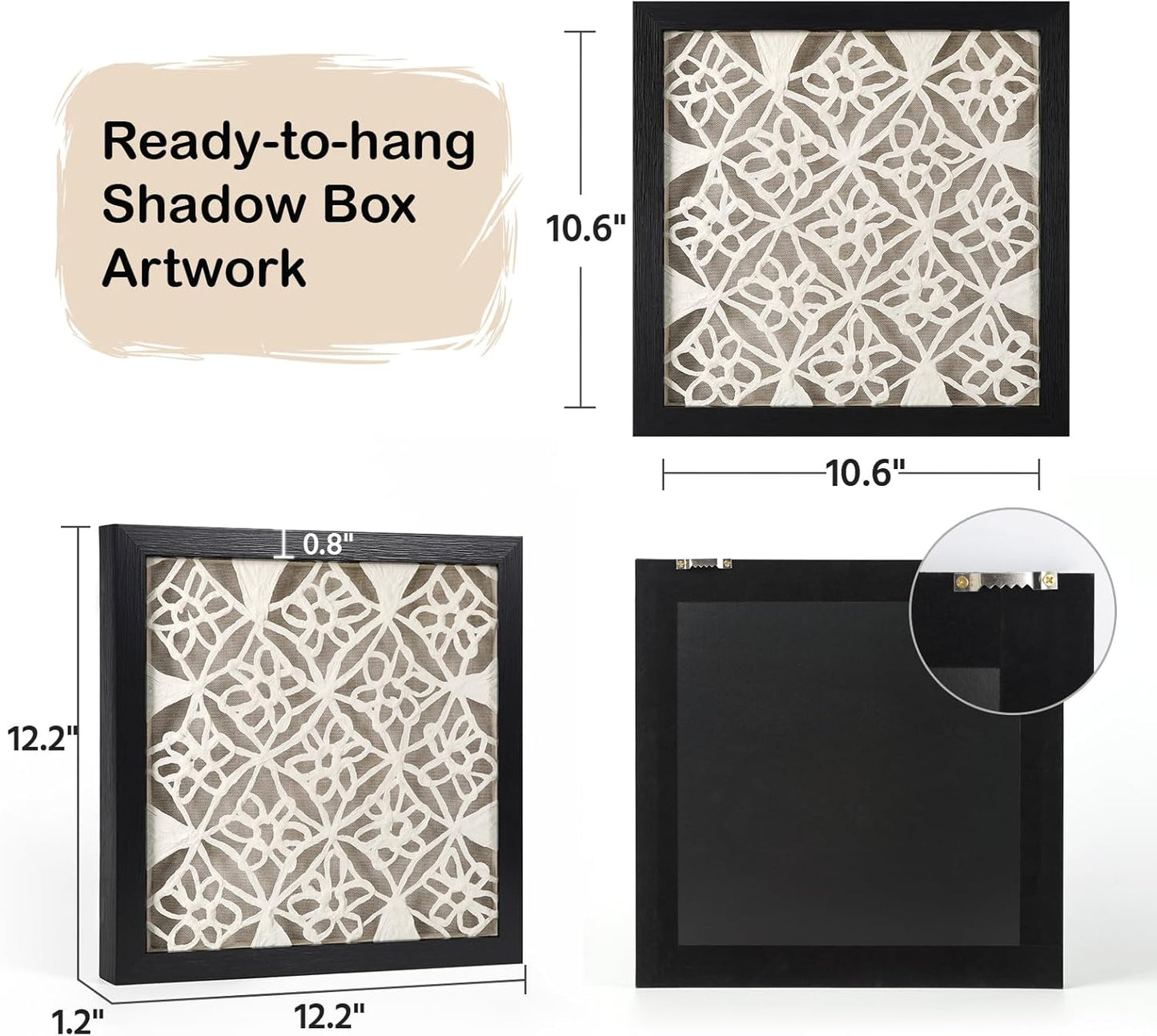 FOLKOR Abstract Black and White Wall Art for Bedroom Decoration, 12" Handmade Rice Paper Geometric Artwork Eclectic Decor, Floating Shadow Box Art for Boho Kitchen Dining Room Nursery Decoration