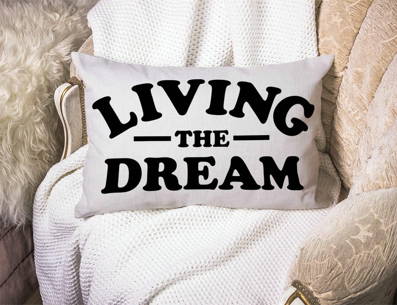 Living The Dream Waist Lumbar Cotton Linen Throw Pillow case Cushion Cover for Sofa Home Decorative Oblong 12x20 Inches