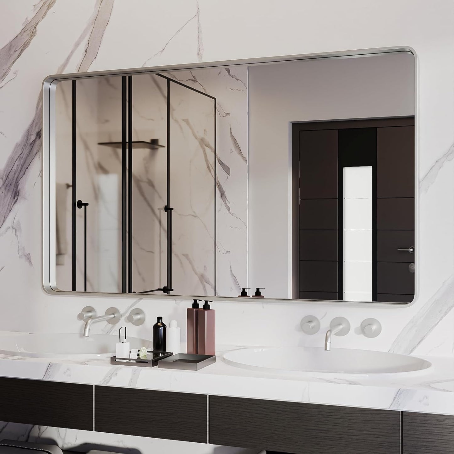 ISKM Silver Framed Mirror for Wal Bathroom Mirror for Wall 51" x 30" Matte Framed Vanity Mirror Anti-Rust, Tempered Glass, Rounded Rectangle Mirror(Horizontal/Vertical)