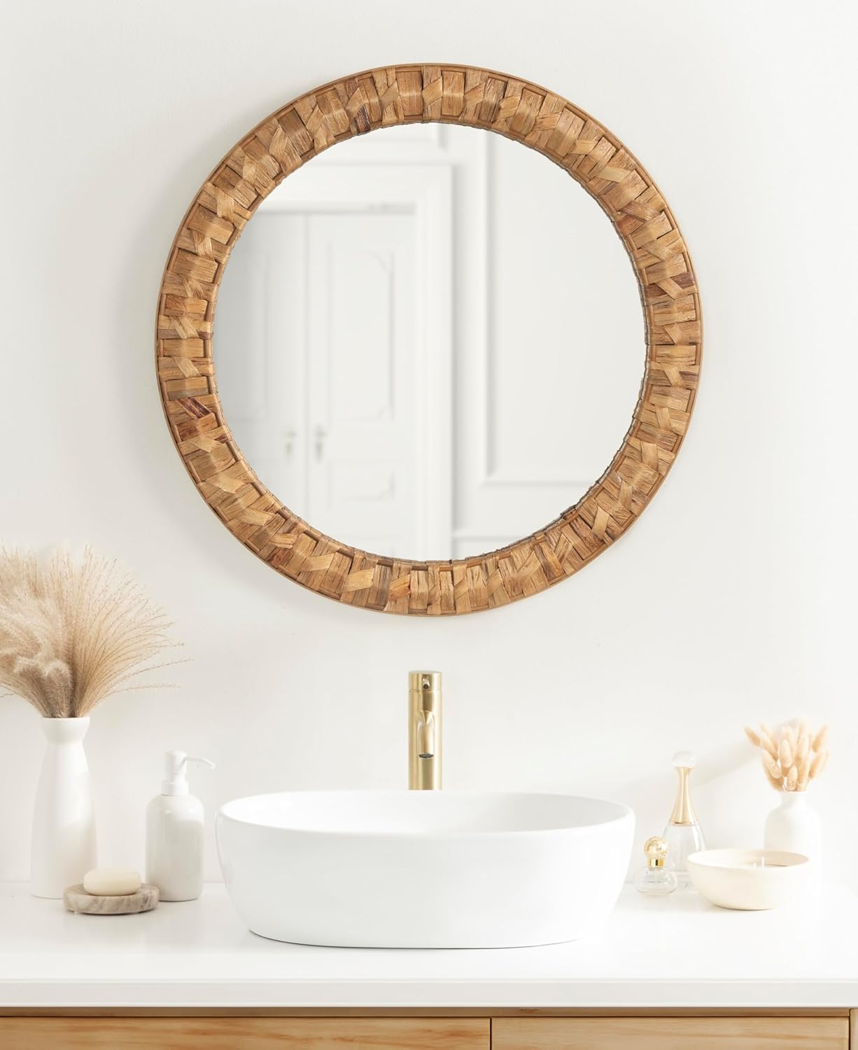 Kate and Laurel Laalima Boho Woven Round Mirror, 26 Inch Diameter, Rustic Brown, Decorative Circle Mirror with Authentic Water Hyacinth Frame for Coastal Mirror Decor