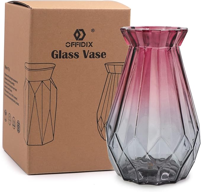 OFFIDIX Glass Vase Gradient Multicolor with Geometric Faceted Design Floral Vase for Weddings, Events, Decorating, Arrangements, Flowers, Office, or Home Decor