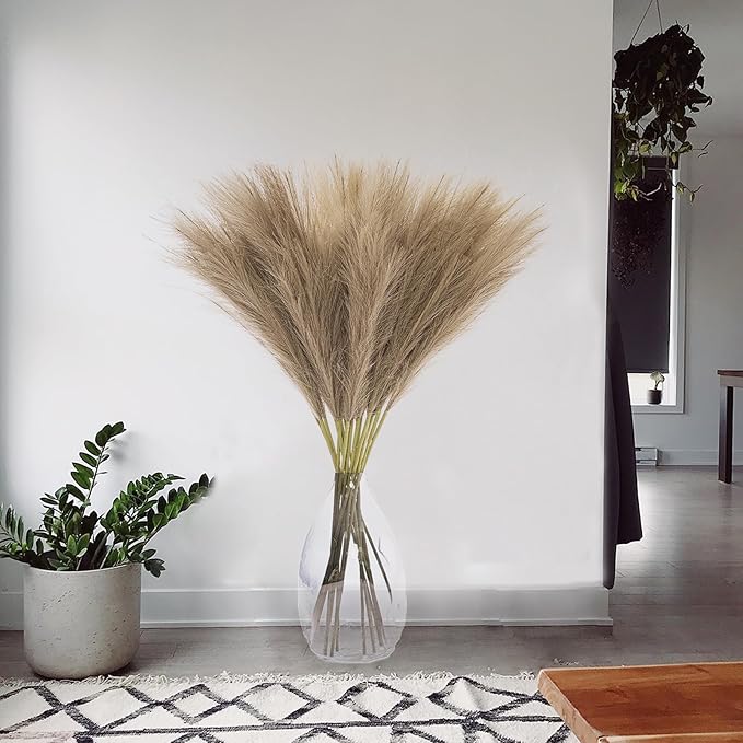 38" 10 Stems Faux Pampas Grass Decor - Tall Pampas Grass for Floor Vase Fluffy Artificial Pampas Grass for Boho Home Wedding Mothers Day Decoration（Brown）