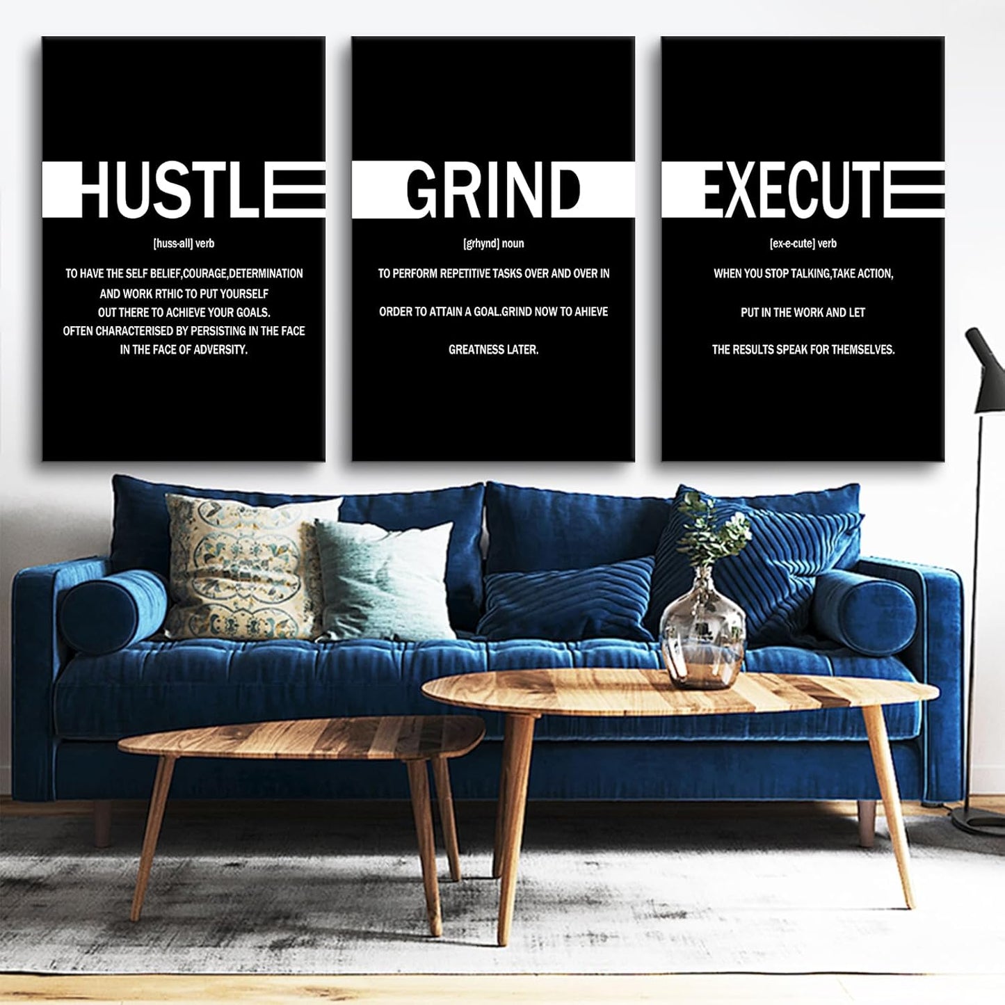 Inspirational Hustle Grind Execute Positive Wall Art Entrepreneur Quotes Print Picture Modern Wooden Canvas Framed Artwork for Home Living Room Office Artwork Stretched and Framed [72''Wx36''H]