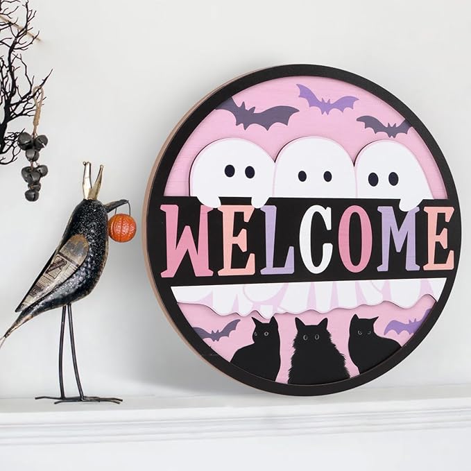 TOARTi 3D Halloween Welcome Front Door Sign Hanging(11.4x11.4''), Rustic Ghost Black Cat Bat Wall Sign Plaque, Farmhouse Halloween Wooden Wall Decor for Home Classroom Office