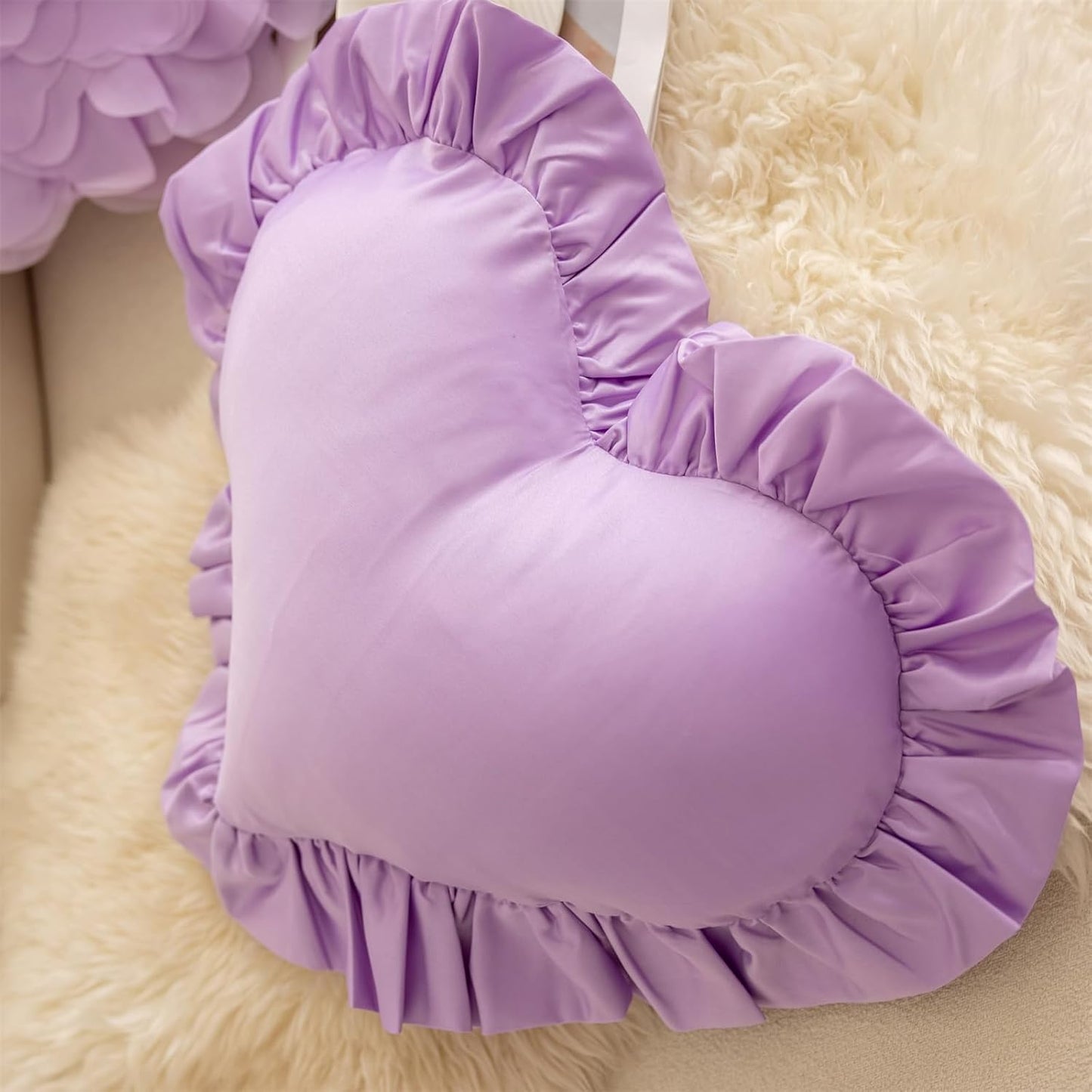 Heart Pillows, Cute Soft Room Decor Ruffled Love Heart Shape Throw Pillows Sofa Cushion Pillow for Living Room Bed Chair Car Floor Home Decoration, Purple