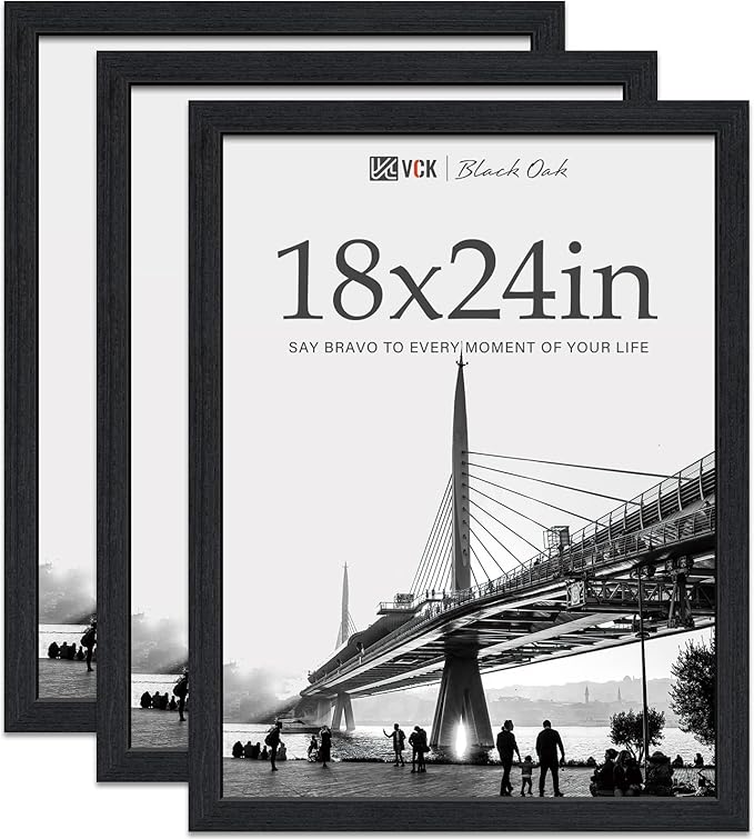 VCK 18x24 Poster Frame Black Oak - 3 Pack, Exclusive Natural Textured Solid Wood Picture Frames, Horizontal and Vertical Formats for Wall with Included Hanging Hardware