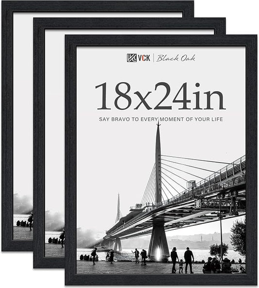 VCK 18x24 Poster Frame Black Oak - 3 Pack, Exclusive Natural Textured Solid Wood Picture Frames, Horizontal and Vertical Formats for Wall with Included Hanging Hardware
