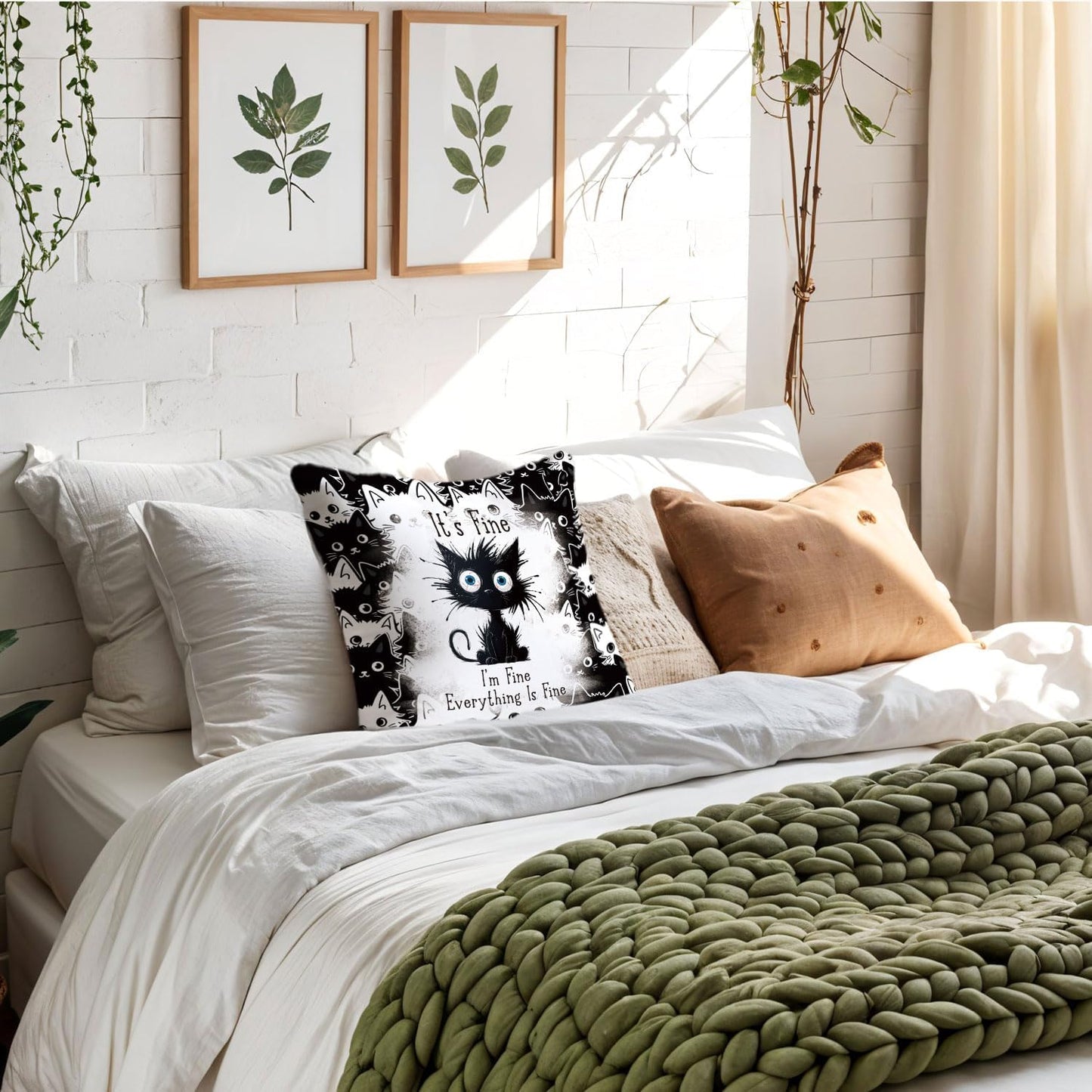 Funny Black Cat Pillow Covers 18x18, Black Cat Decor, It's Fine I'm Fine Everything is Fine Decorative Throw Pillow Covers Pillowcases for Bedroom Living Room Home Decor