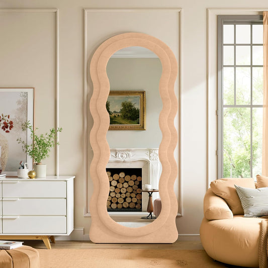 Full Length Mirror 71"x30" Irregular Wavy Full Body Wall Mounted Floor Mirror with Stand Milk Tea Flannel Frame Leaning Hanging Wall for Bedroom Entrance Hallway
