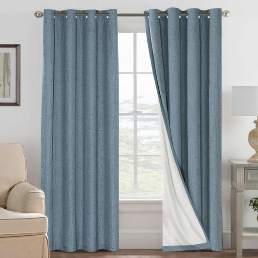 H.VERSAILTEX Linen Blackout Curtains 108 Inches Long 100% Blackout Thermal Insulated Textured Linen Look Curtain Draperies Anti-Rust Grommet, Energy Saving with White Liner, 2 Panels, Stone Blue