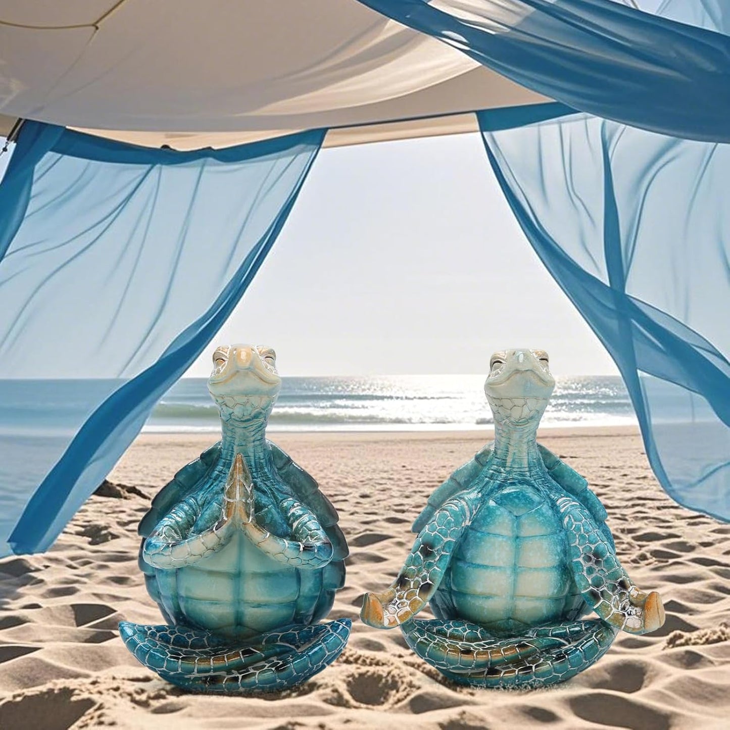 Hodao 2PCS Sea Turtle Meditation Yoga Decor Garden Figurines Sea Turtle Meditating Coastal Beach Decorations, Zen Yoga Resin Statues for Home Office Decor Home Calming Gifts for Mom, Nature Lovers