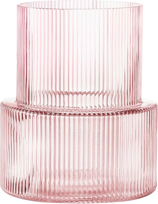 Pink Glass Vase, Ribbed Glass Vase for Tulips, Flower Vases for Bouquet, Pink Modern Vases for Living Room, Dining Table, Entryway, Mantle, Shelf, Wedding, Office, 7.5 Inches