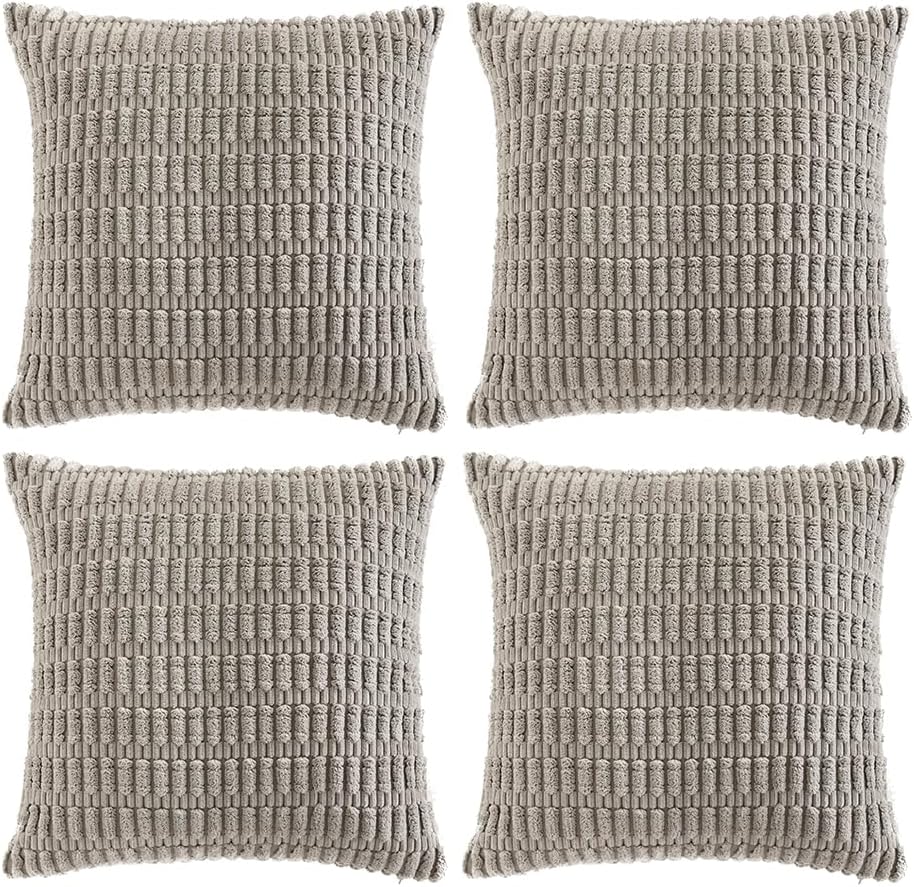 Fancy Homi 4 Packs Grey Decorative Throw Pillow Covers 24x24 Inch for Living Room Couch Bed, Rustic Modern Farmhouse Boho Home Decor, Soft Plush Corduroy Gray Cute Square Accent Cushion Case 60x60 cm