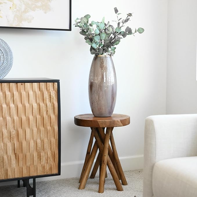 WELLAND Teak Wood Stick Leg End Table, 16" L x 16" W x 20" H Rustic Side Table, Small Accent Table, Plant Stand for Living Room, Bedroom, Home Office