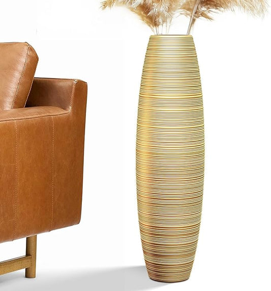 Tall Floor Vase, 27.5 inches (70cm, 2.3FT) Tall Vases Sturdy, Luxury, Textured for Decorative Branches Dried Flowers, Floor Vase for Rustic Living Room, Shelf Decor, Resin Gold