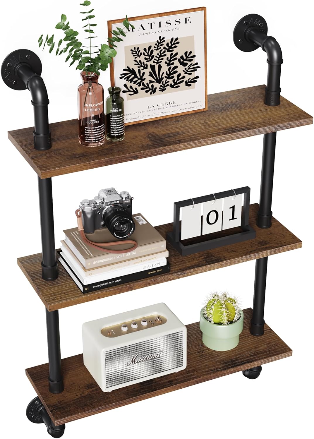 Merapi 24" Industrial Floating Shelves, Pipe Shelves for Wall, 3 Tier Rustic Wood Wall Shelves for Home Décor, Bedroom, Living Room, Bathroom…