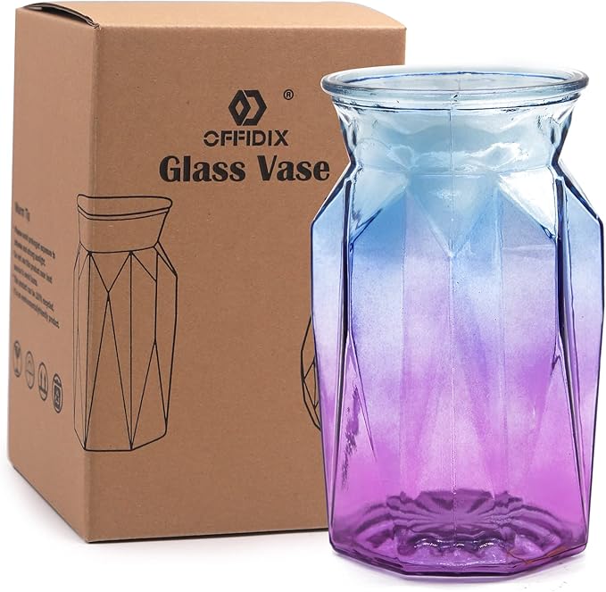 OFFIDIX Flower Vase, Gradient Multicolor with Geometric Faceted Design Art Decorative Glass Vase for Wedding, Dinning, Bookshelf, Home Decoration or Gift