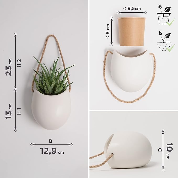 Kazai. Wall Planters -Ellie- | Hanging Ceramic Plant Pots 3 Pieces | Wall Decoration for Indoors, Balcony and Garden | Cream (Matte)