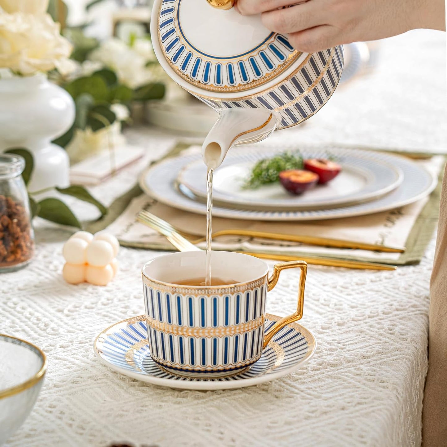 CwlwGO-Ceramic Coffe Cups and Saucer Sets,British Bone China Blue Gold Tea Cup and Saucers Service for 4,Gifts Box, China Tea Set, Tea Sets for Women and Adults.