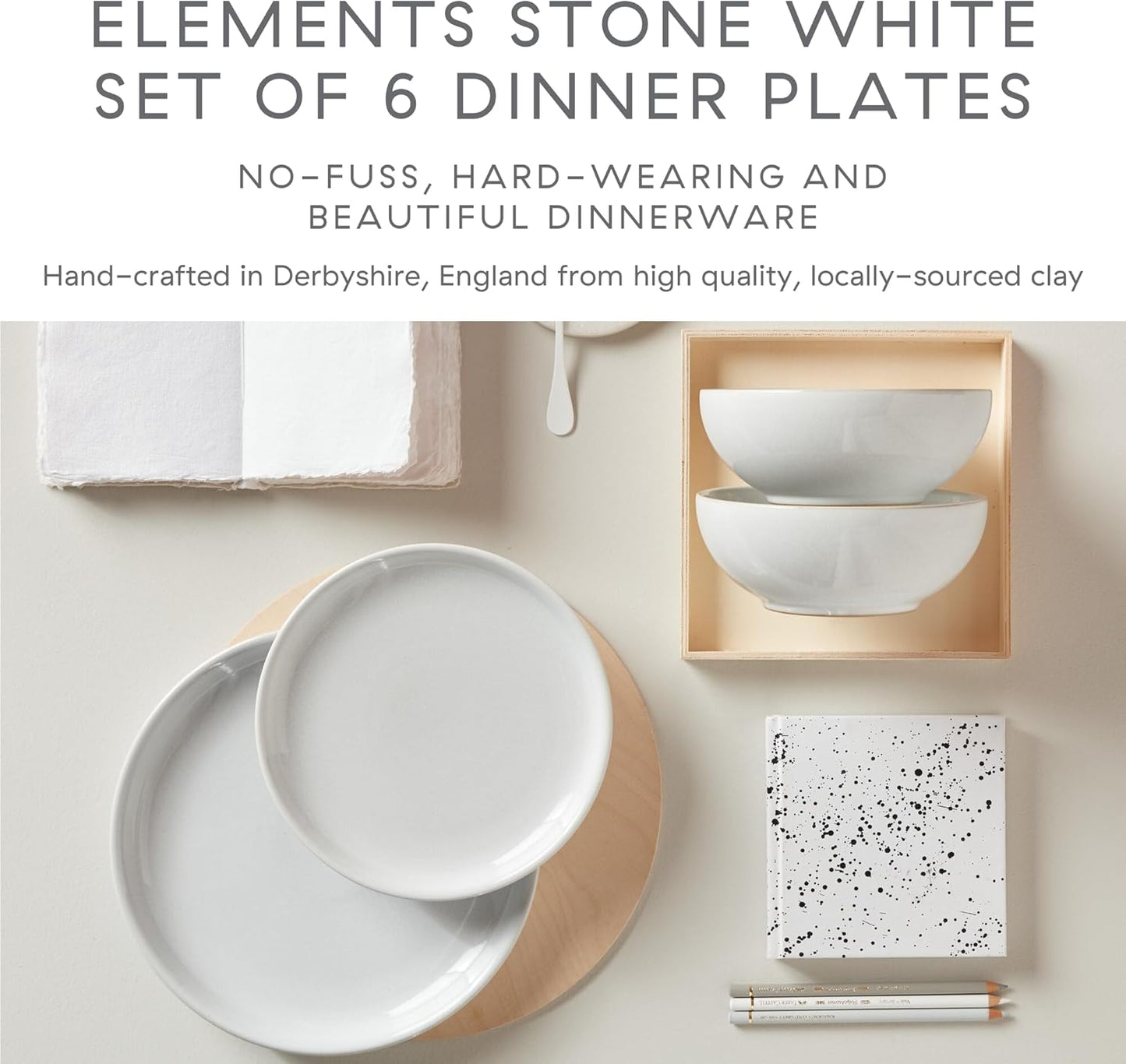 Denby - Elements Stone White Coupe Dinner Plates Set of 6 - Dishwasher Microwave Oven Safe - Scratch Chip Resistant - Large Ceramic Stoneware Dinnerware Plates Set