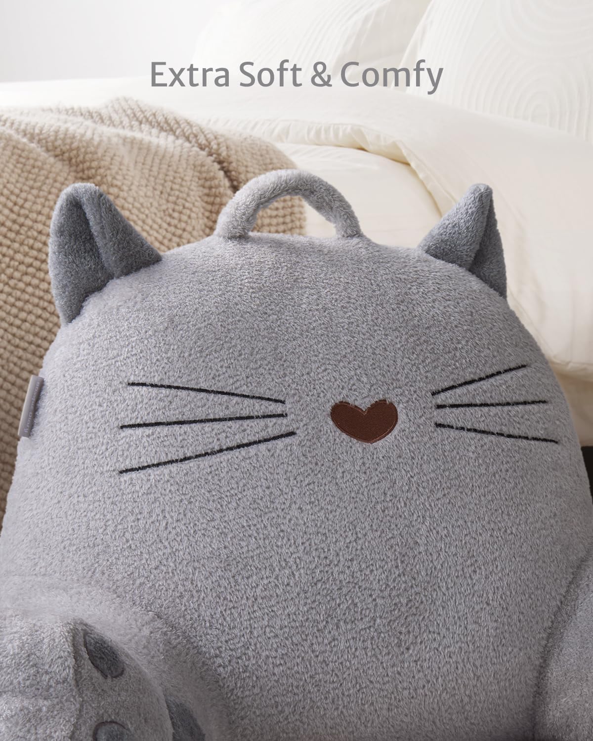 Blissful Diary Kitty Reading Pillow for Kids/Teens/Adults, Back Rest Pillow for Sitting Up in Bed with Shredded Memory Foam, Includes Arms and Washable Cover, Light Gray