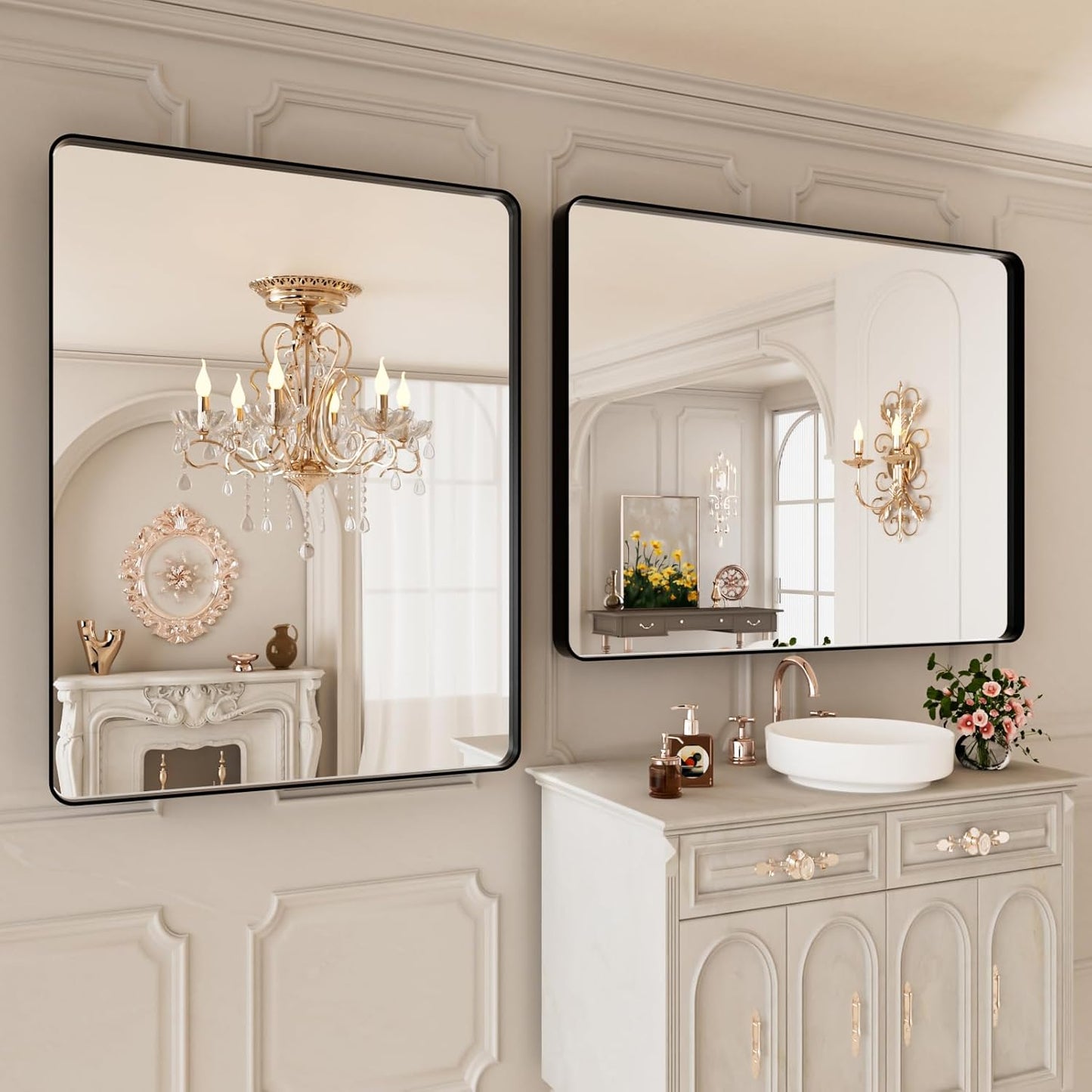 Black Metal Framed Bathroom Mirror for Wall,40X38 Rounded Rectangle Mirror, Matte Black Bathroom Vanity Mirror Farmhouse, Anti-Rust, Tempered Glass, Hangs Horizontally or Vertically