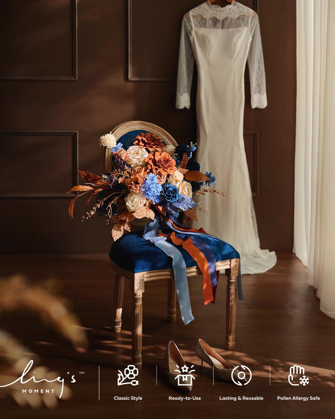 Ling's moment Blue and Orange Wedding Bouquets for Bride, Navy Orange Bridal Bouquets for Bride, 15 Inch Free Form Artificial Wedding Flowers Bouquets