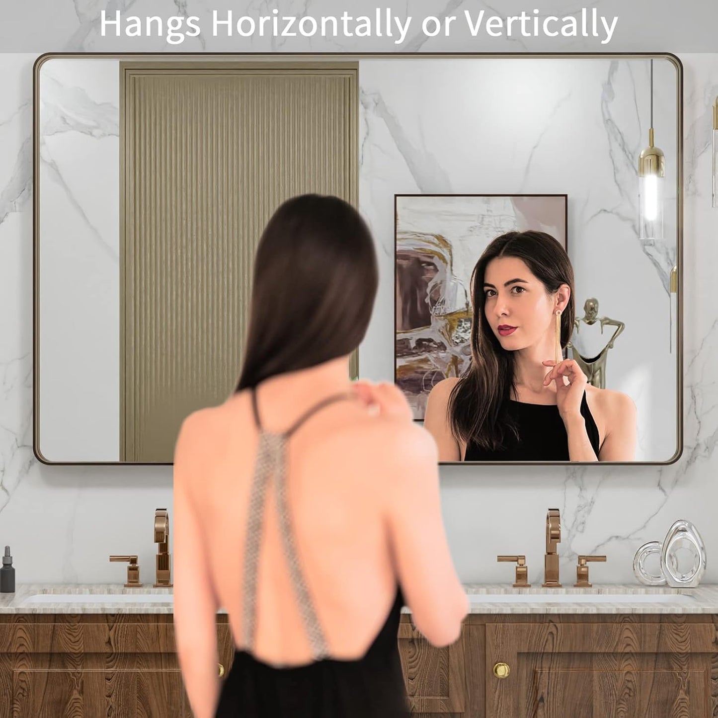 LOAAO 48”X30” Bronze Bathroom Mirrors for Vanity, Rounded Rectangle Brushed Bronze Metal Frame Mirror, Anti-Rust, Tempered Glass, Hangs Horizontally or Vertically