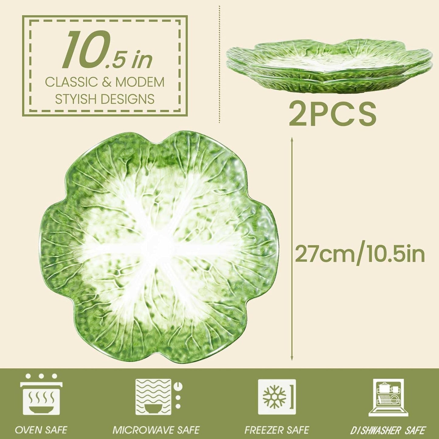 KXZ 2 Pcs of Cabbage Plates, Green Ceramic Salad Plate, 10.5 Inch Porcelain Decorative Plates for Kitchen, Round dishware for Dessert, Decorative, Dinner, Pancakes, Microwave & Dishwasher Safe