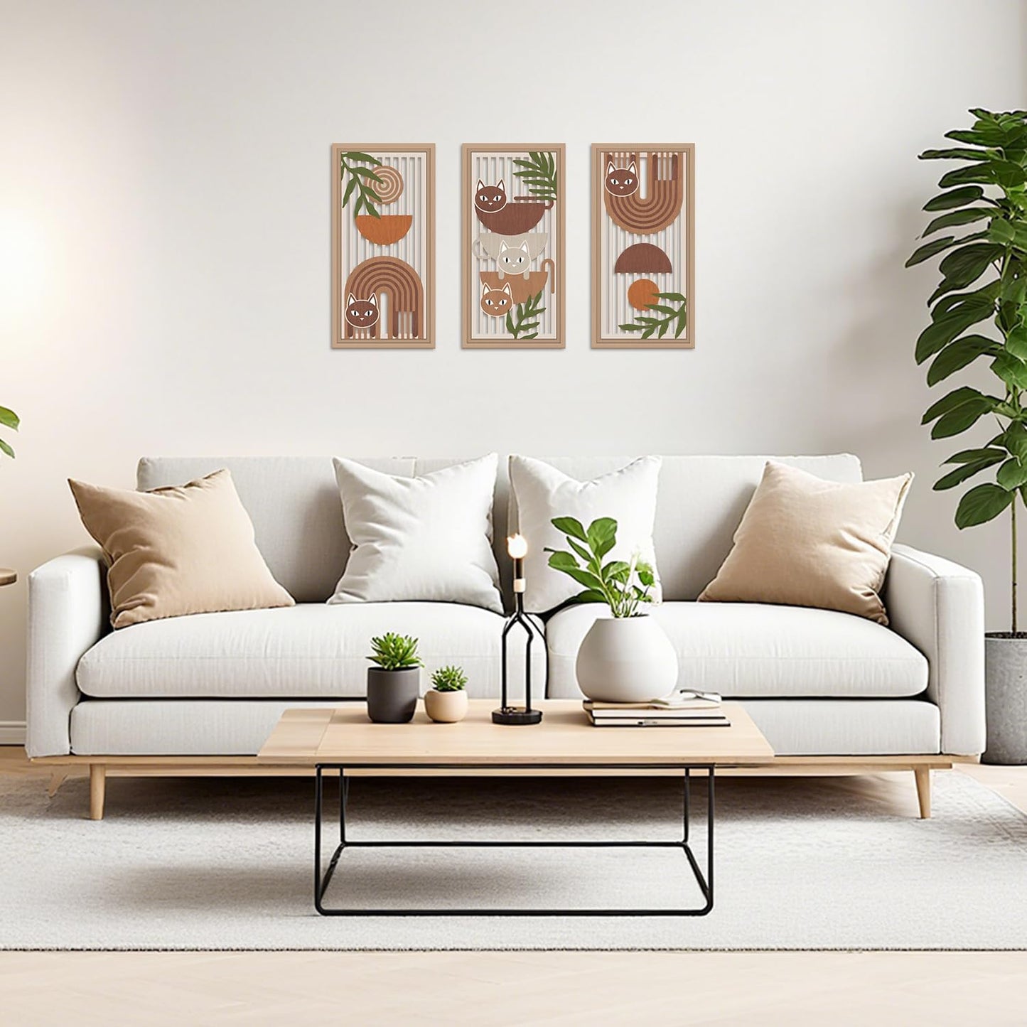 IARTTOP 3 Pcs Boho Cat Wood Wall Decor Mid Century Abstract Artwork Modern Minimalist Wooden Wall Art Bohemian Geometric Hanging Decor for Farmhouse Living Room Bedroom 7.9 x15.8 Inch Cat Gifts