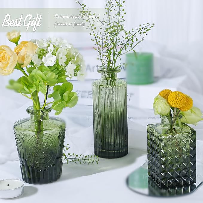 Glass Bud Vase Set of 24, Small Green Flower Vases for Centerpieces in Bulk, Mini Vintage Vase for Wedding Decor, and Home Table Décor