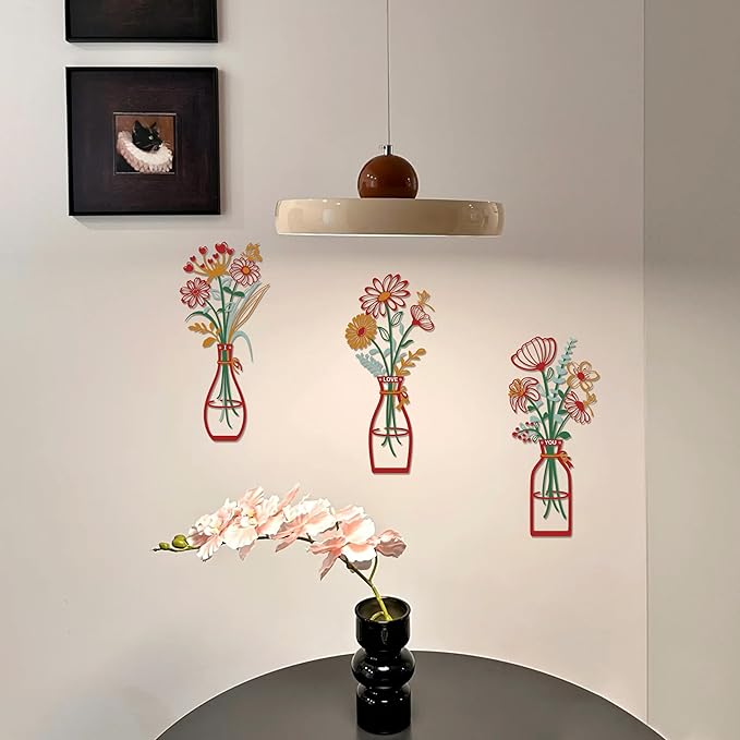 3 Pieces Metal Flowers Wall Art Decor, House Minimalist Bathroom Wall Decors Sculptures for Living Room Dining Room Bedroom Housewarming Gifts
