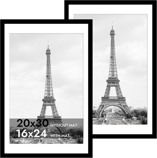 iRahmen 20x30 Poster Frame Set of 2 with Plexiglass, Black Wood Frames for Wall Mounting Display Picture 16x24 with Mat or 20 x 30 Without Mat