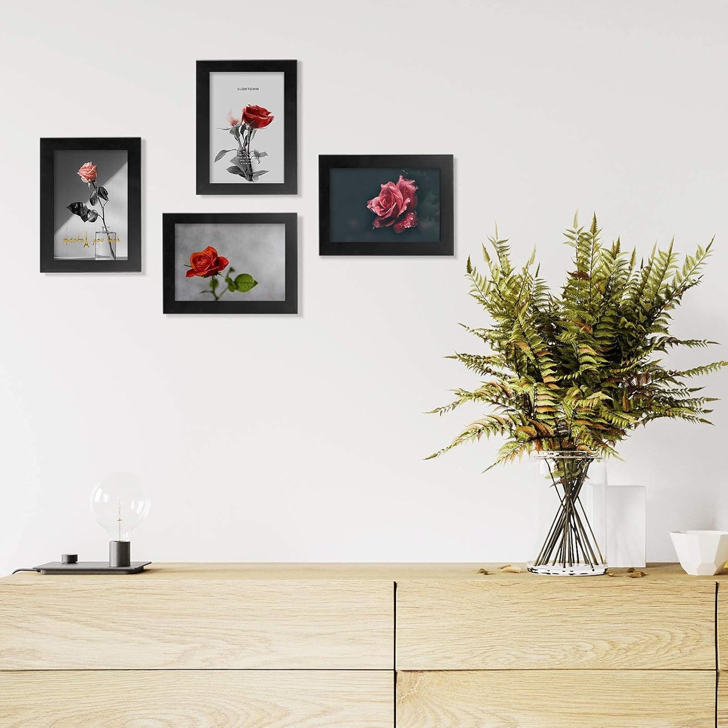 Egofine 4x6 Picture Frames Set of 4, Made of Solid Wood Covered by Plexiglass 3.5x5 with Mat or 4x6 without Mat, for Table Top Display and Wall Mounting Photo Frame Black