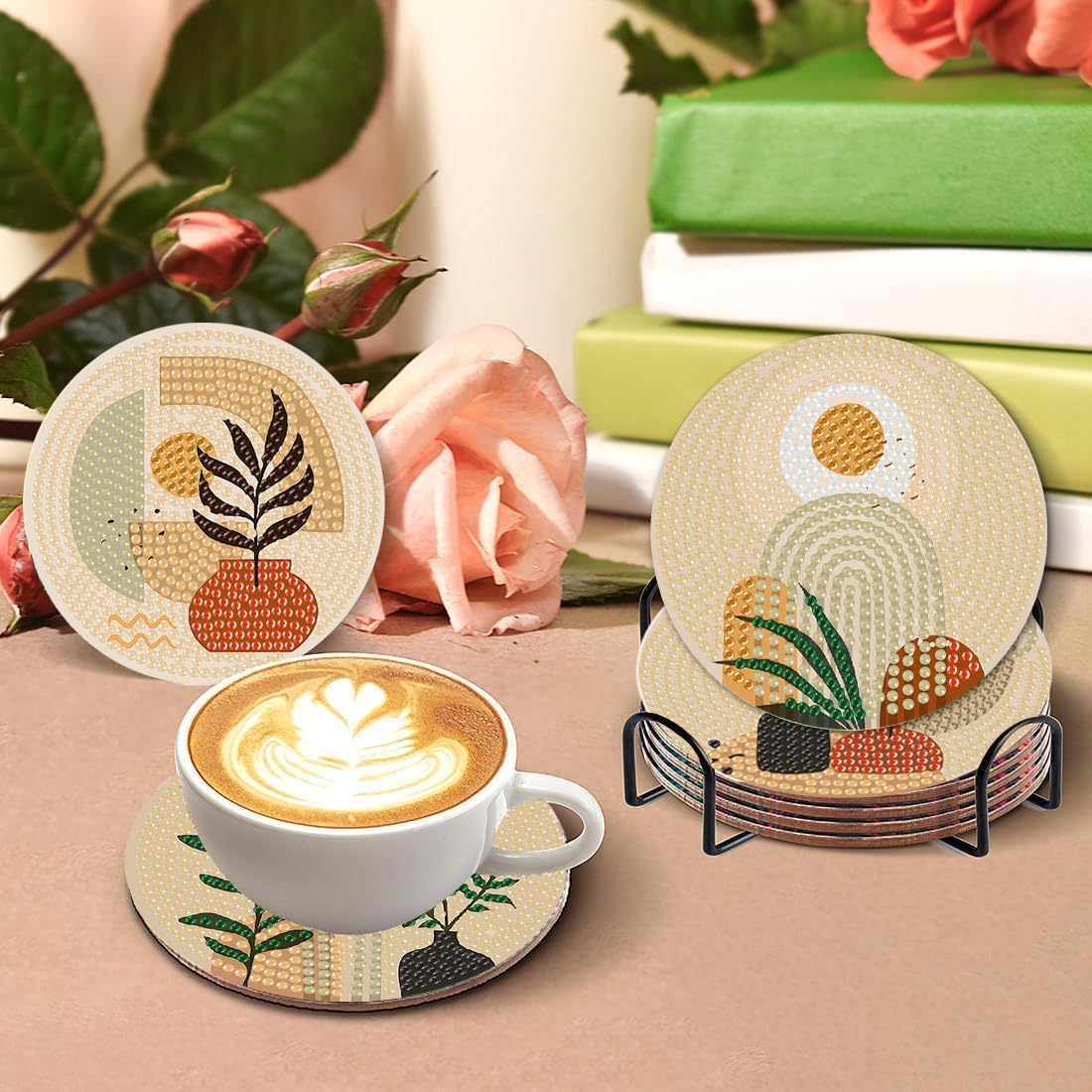 Clendo 8 Pcs Bohemian Style Diamond Painting Coasters Kits for Adults, Abstract Landscape Diamond Art Coasters for Beginners with Holder, Small Diamond Painting Kits for Adults Art Craft Supplies