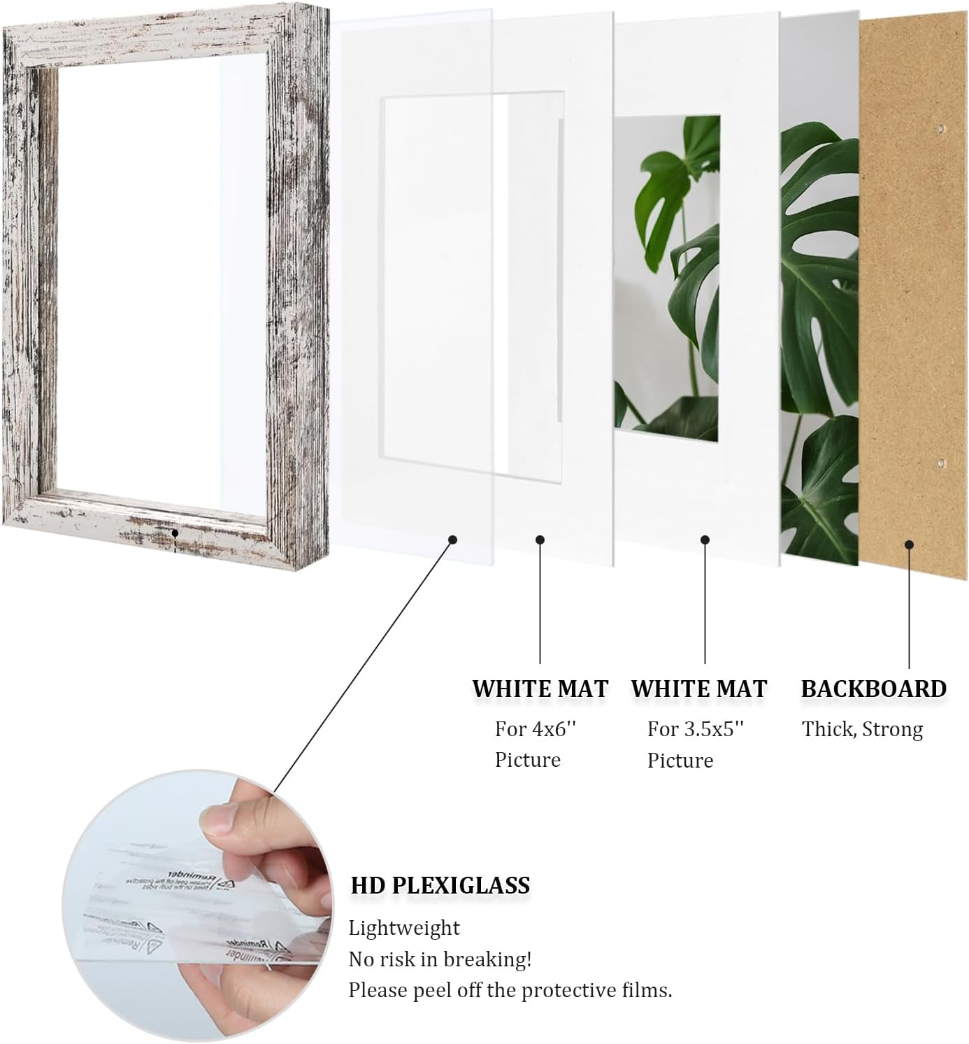 Egofine 4x6 Picture Frames Set of 4, Made of Solid Wood Covered by Plexiglass 3.5x5 with Mat or 4x6 without Mat, for Table Top Display and Wall Mounting Photo Frame Rustic White