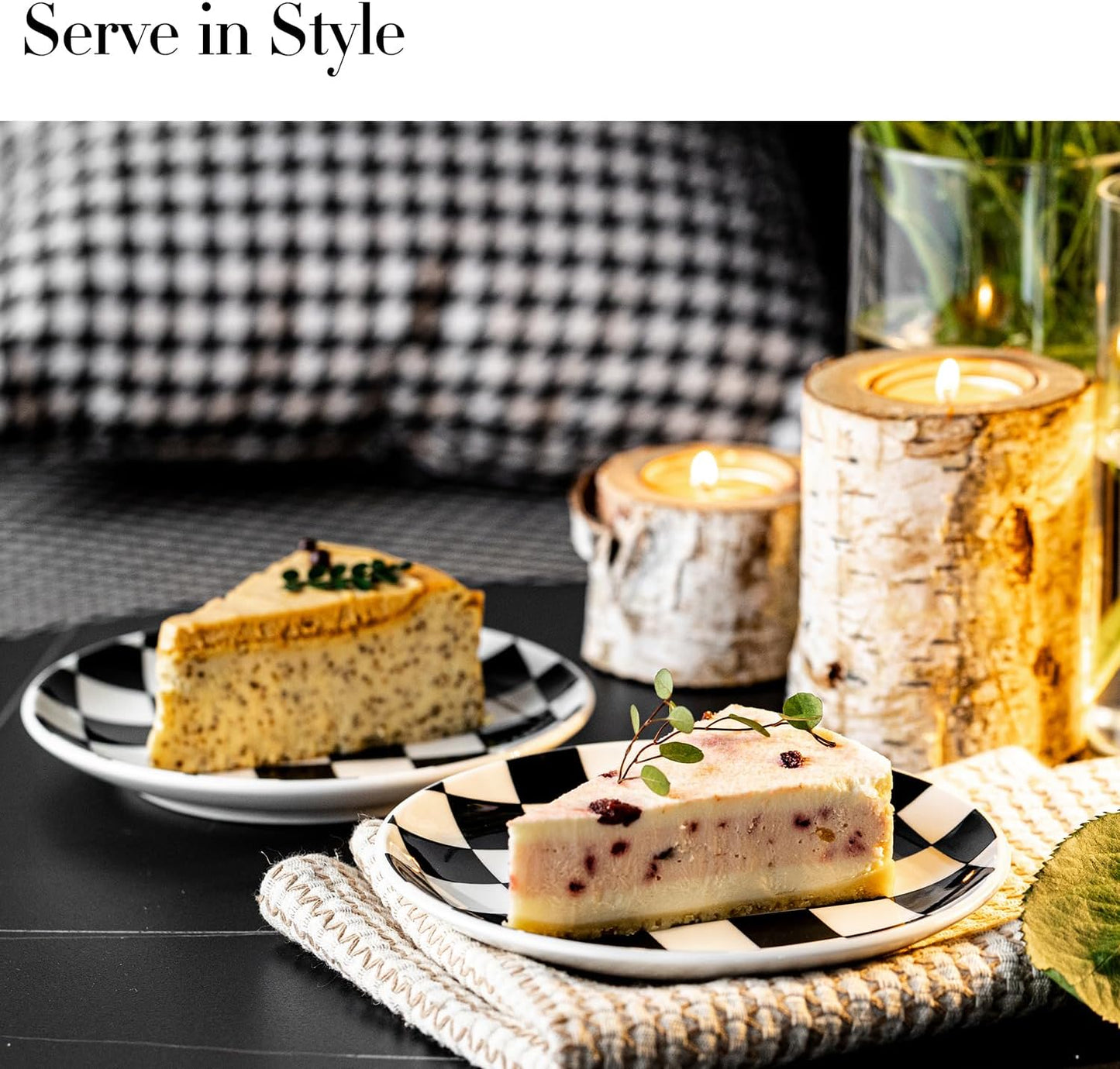 Black and White Checkered Small Dessert Plates Set of 6-6 Inch Ceramic Plates, Microwave & Dishwasher Safe, Minimalist Decorative Platters for Desserts