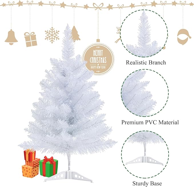 2FT Artificial Christmas Tree White Tabletop Christmas Tree with Plastic Stand Mini Xmas Pine Tree for Party Supplies Indoor Outdoor Holiday Home Decoration(White)