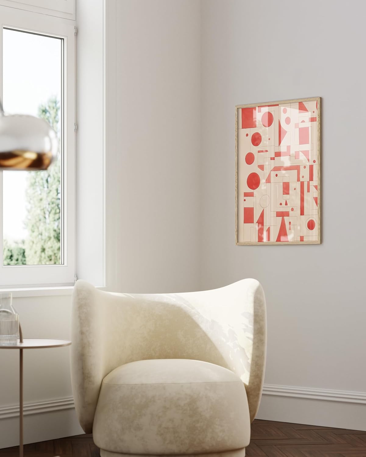 HAUS AND HUES Colorful Abstract Wall Art - Minimalist Retro Picture for Living Room Decor, Red and Pink Modern Wall Art Painting (Red Geometric, Beige Frame, 24x36)