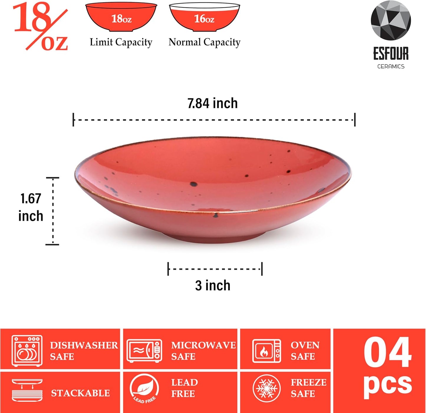 Esfour Ceramic 7.84 Inch Serving Bowls - Set of 6 | 20 Oz Large Pasta Salad Bowls, Microwave/Oven Safe, Wide Shallow Porcelain Bowls for Party, Dinner, Entertaining, Stackable - Vivid Assorted Colors