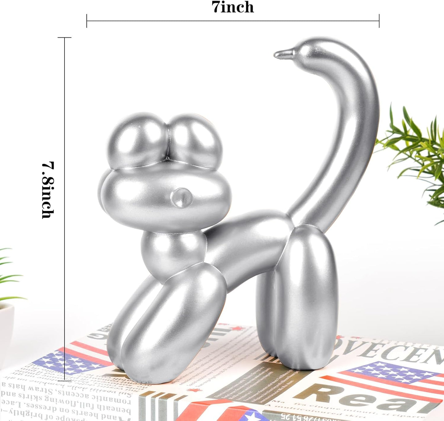 Cute Balloon Cat Statue Decor - 7.8 Inch Modern Cat Statue Ornament, Home Crafts Living Room Desktop Bedroom Sculpture Decoration (Silver, Large)