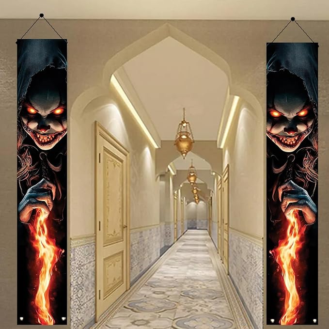 2PCS Halloween Porch Banner Scary Evil Clown Vertical Hanging Decorations for Front Door Outdoor Haunted House Door Sign Spooky Party Wall Decor Trick or Treat Entrance Backdrop 71 x 12 Inch