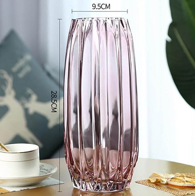Purple Pink Ribbed Glass Vase for Flowers and Candles - Modern Centerpiece (H12.0 inch)